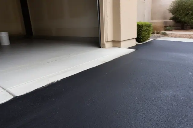 Newly installed asphalt driveway meeting a residential garage slab in Tempe, AZ.
