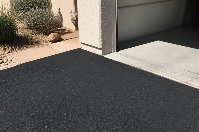 Asphalt driveway resurfacing transition at a residential garage in Tempe, AZ.