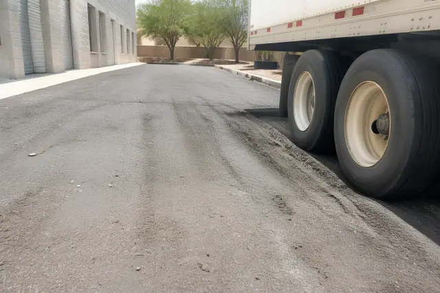 Heat-softened asphalt with deep tire ruts in front of a commercial warehouse in Tempe, AZ.