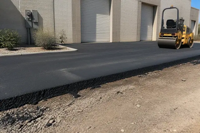 Compacted asphalt pavement with an exposed edge and a steel-drum roller at a commercial warehouse in Tempe, AZ.