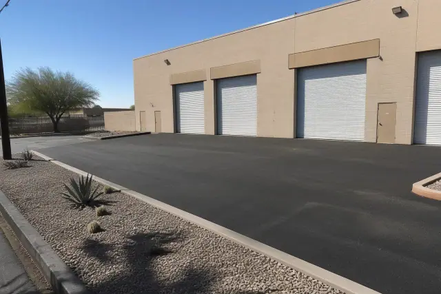 Newly paved asphalt apron in front of a commercial warehouse in Tempe, AZ.