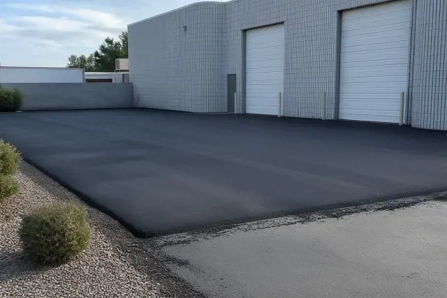 Newly resurfaced asphalt at an industrial warehouse in Tempe, AZ.