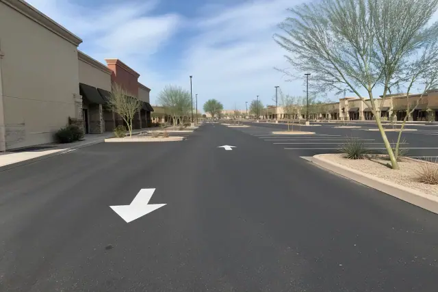 Freshly paved asphalt parking lot with painted lines and directional arrows at a retail center in Tempe, AZ.