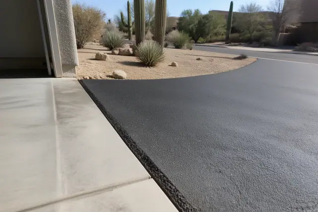 New asphalt driveway transition at a residential home in Tempe, AZ with saguaro cacti and a gravel yard.