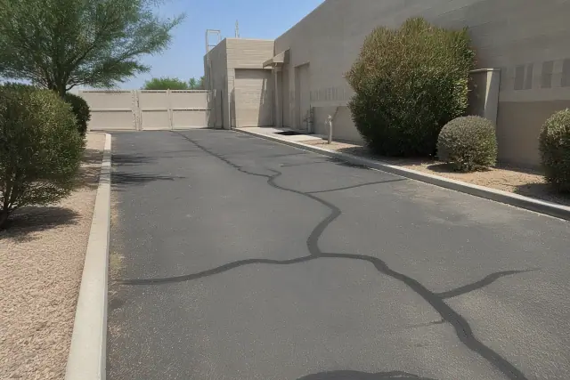 Freshly filled asphalt cracks at a commercial property in Tempe, AZ.