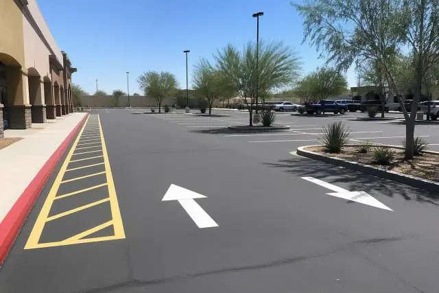 Freshly painted parking stall lines, directional arrows, and fire lane markings at a retail center in Tempe, AZ.