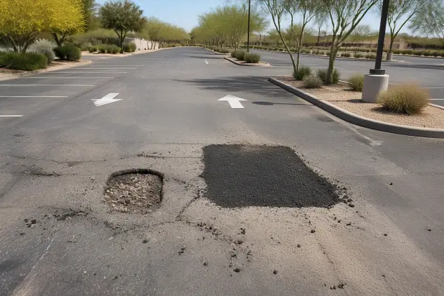 Pothole and asphalt repair in progress in a parking lot in Tempe, AZ.
