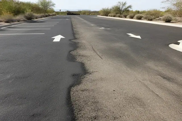 Asphalt mill-and-overlay resurfacing showing fresh pavement transitions in a parking lot in Tempe, AZ.