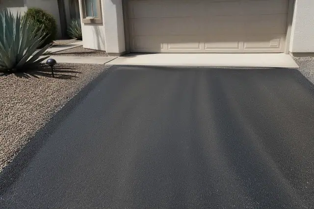 Newly paved asphalt driveway meeting a residential garage slab in Tempe, AZ.