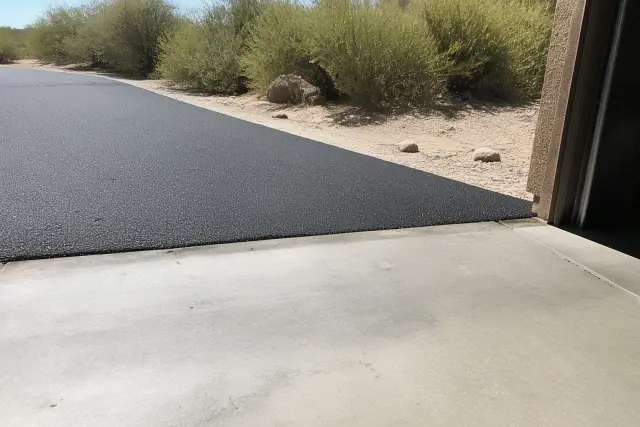 A smooth transition between a residential garage and a newly milled asphalt driveway in Tempe, AZ.