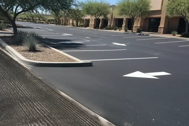 Freshly paved asphalt parking lot with painted lines and curb landscaping in Tempe, AZ.