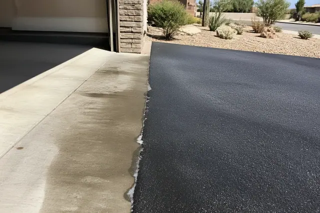 Monsoon moisture at the transition between a garage slab and new asphalt driveway in Tempe, AZ.