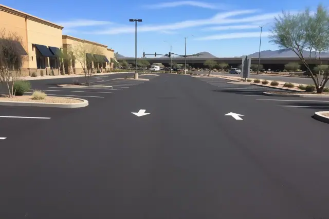 Newly paved parking lot with painted stall markers and desert landscaping in Tempe, AZ.