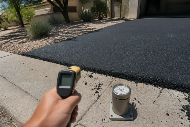 Density and temperature check at a new asphalt driveway transition in Tempe, AZ.