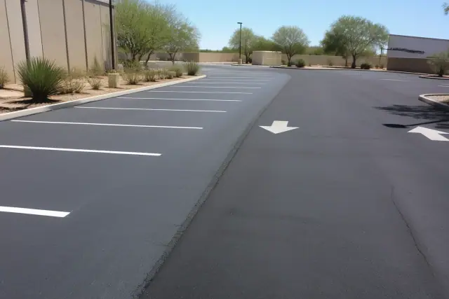 Newly paved asphalt parking lanes with directional arrows and desert landscaping in Tempe, AZ.