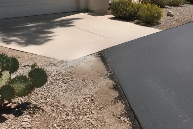 Asphalt driveway transition and surface restoration near a residential garage in Tempe, AZ.