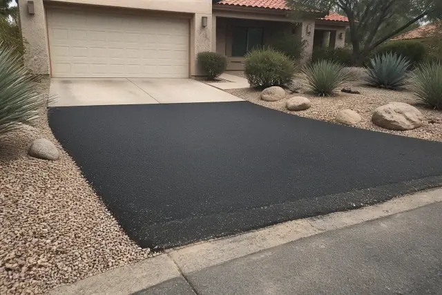 Newly paved asphalt driveway with xeriscaping and a stucco home in Tempe, AZ.