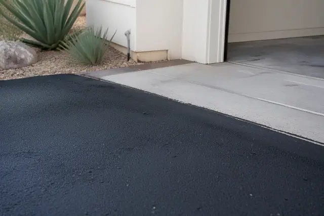 Asphalt repair at the transition between a residential garage slab and driveway in Chandler, AZ.