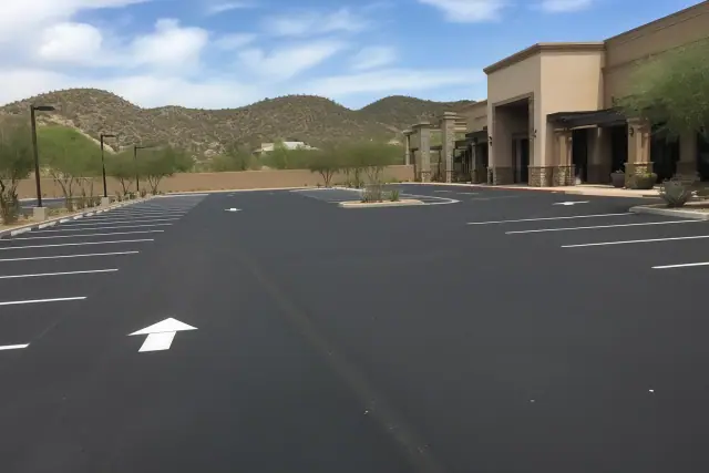 Newly paved asphalt parking lot with stall markings and desert landscaping in Paradise Valley, AZ.