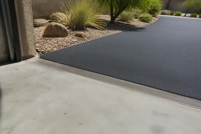 Newly repaired asphalt driveway transition at a residential garage in Gilbert, AZ, with xeriscaping in desert sunlight.