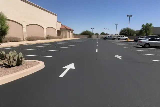 Newly paved retail parking lot with painted stall markers and desert landscaping in Peoria, AZ.