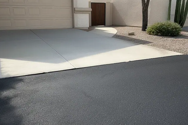 Newly installed asphalt driveway meeting a residential garage slab at a home in Mesa, AZ.