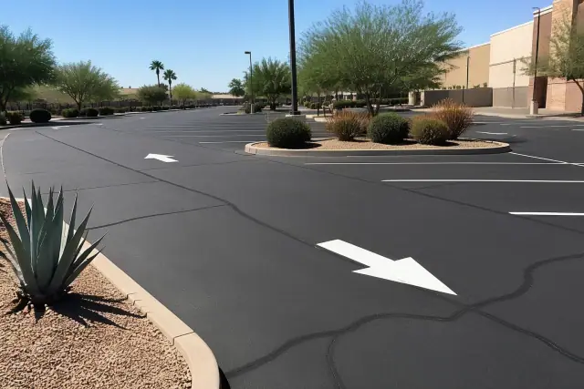 Asphalt crack filling and parking lot striping at a retail center in Tempe, AZ.