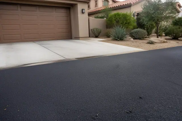 New asphalt driveway meeting a residential garage in Scottsdale, AZ, surrounded by desert landscaping.