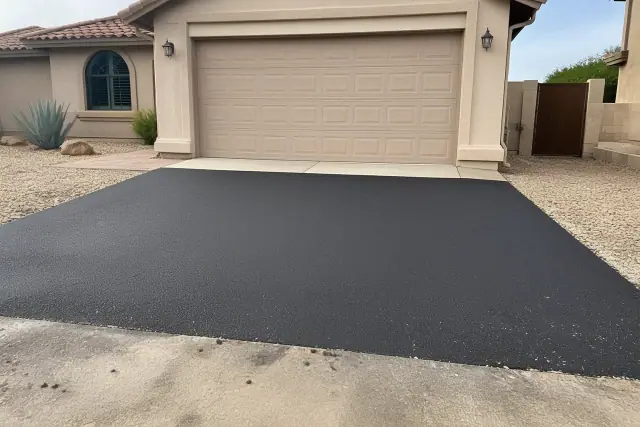 Newly installed asphalt driveway meeting a garage slab at a suburban home in Phoenix, AZ.