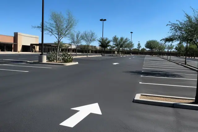 Newly painted parking lot lines and directional arrows at a retail center in Tempe, AZ.