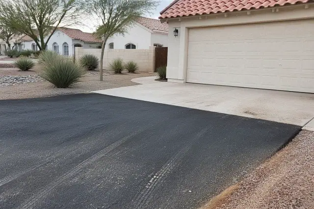 Newly installed asphalt driveway meeting a garage slab at a home in Glendale, AZ, with desert landscaping.
