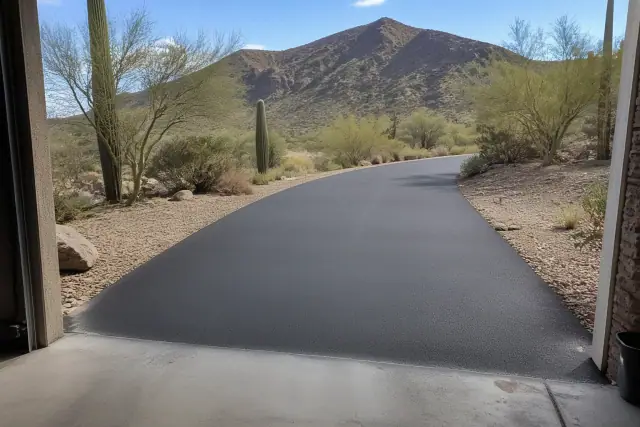 Newly installed asphalt driveway meeting a garage slab in Paradise Valley, AZ, with desert landscaping and mountains.