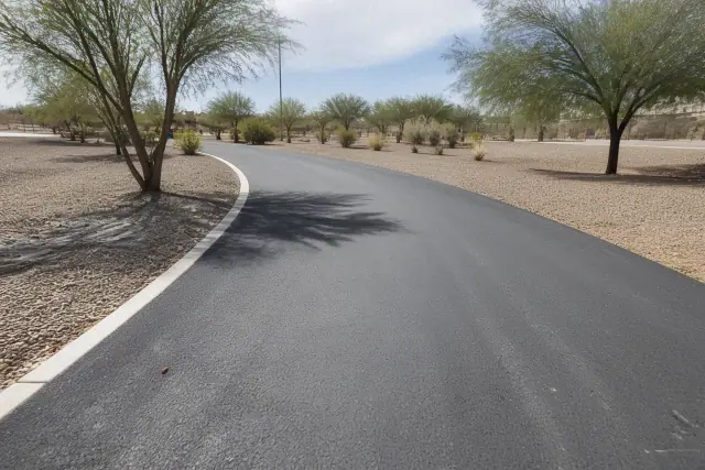 Newly installed asphalt multi-use trail with xeriscaping at a municipal park in Mesa, AZ.