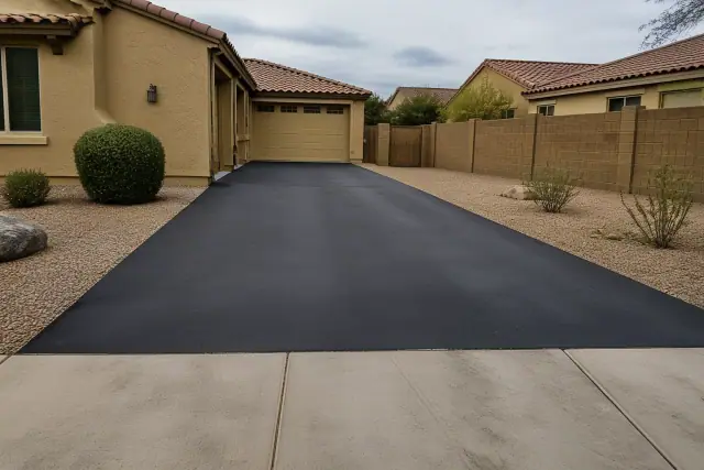 New asphalt driveway connected to a garage at a residential home in Queen Creek, AZ.