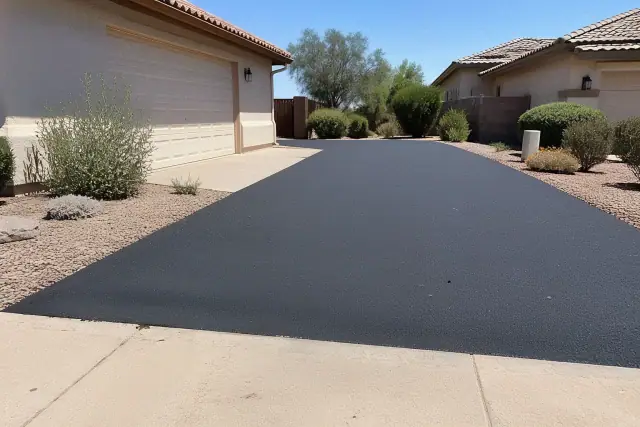 Newly installed asphalt driveway meeting a residential garage in Gilbert, AZ.