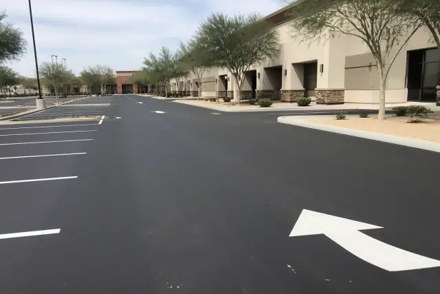 Newly paved parking lot with painted stalls and arrows at a retail center in Tempe, AZ.