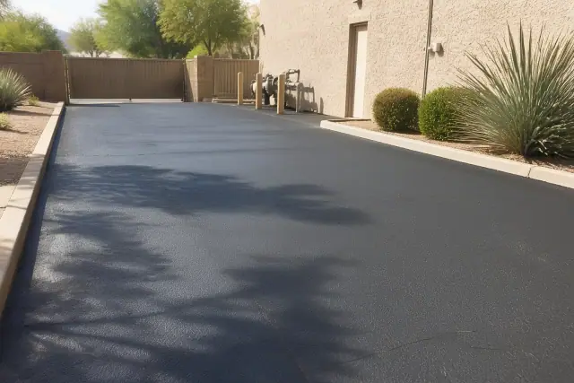 Freshly patched and sealcoated asphalt at a commercial utility access point in Tempe, AZ.