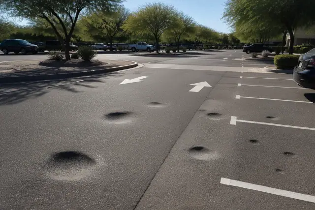 Circular depressions from chair legs and kickstands in an asphalt parking lot in Tempe, AZ.