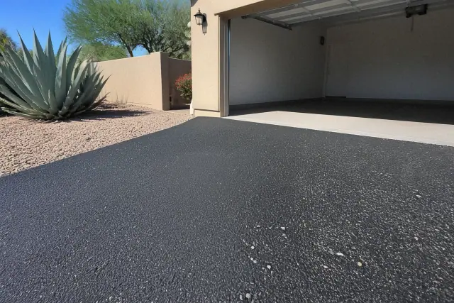 Asphalt driveway transition showing positive drainage away from a residential garage in Tempe, AZ.