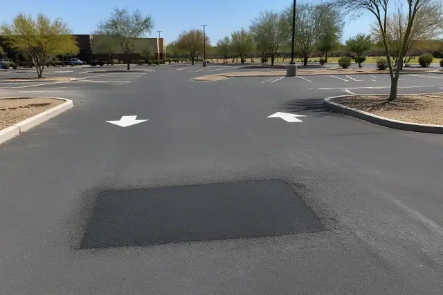 Completed asphalt pothole repair and parking stall markings in a retail parking lot in Tempe, AZ.