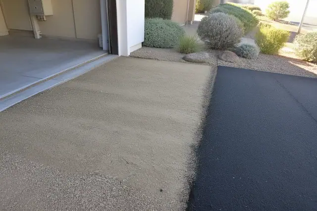 Prepared aggregate base and asphalt transition for a residential driveway in Tempe, AZ.