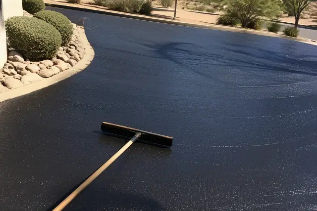 Freshly applied dark sealcoat on a paved surface with a squeegee tool at a jobsite in Tempe, AZ.