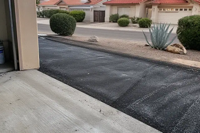 Newly installed recycled asphalt driveway connecting to a garage at a home in Tempe, AZ.