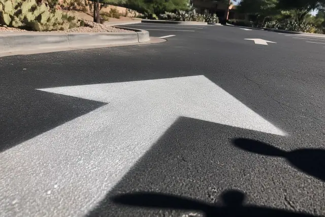 Reflective glass beads on new parking lot striping with prickly pear cactus in Tempe, AZ.
