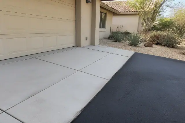 Transition from a residential concrete slab with control joints to a new asphalt driveway in Tempe, AZ.