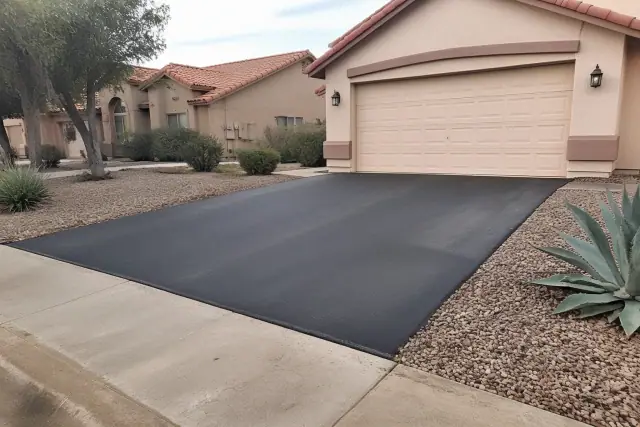Newly installed asphalt driveway meeting a residential garage in Tempe, AZ, with gravel landscaping and stucco homes.