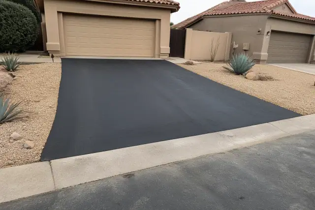 Newly installed asphalt driveway at a residential home in Tempe, AZ with gravel landscaping.