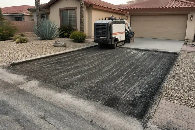 Milled asphalt driveway transition at a home in Tempe, AZ with a cold planer parked nearby.