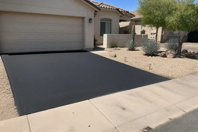 Newly paved asphalt driveway connecting to a residential garage in Tempe, AZ, featuring gravel landscaping.
