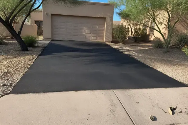 Freshly sealed asphalt driveway meeting a garage slab at a residential home in Tempe, AZ.